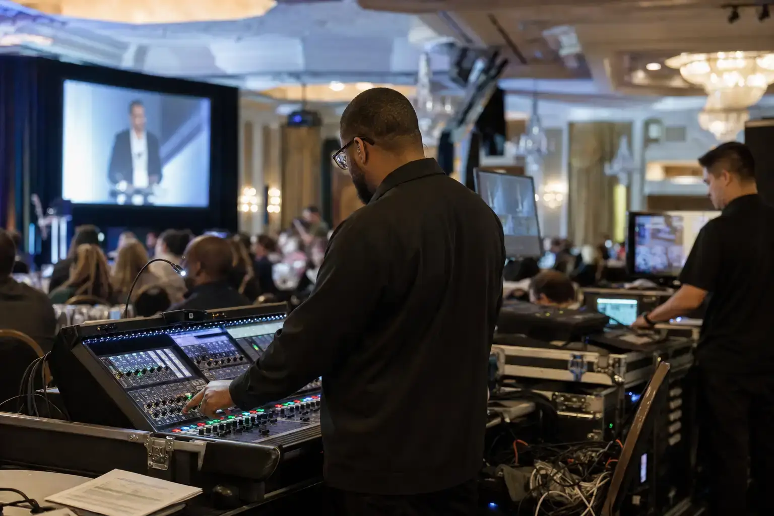 Audio engineer at a mixing desk during a live event