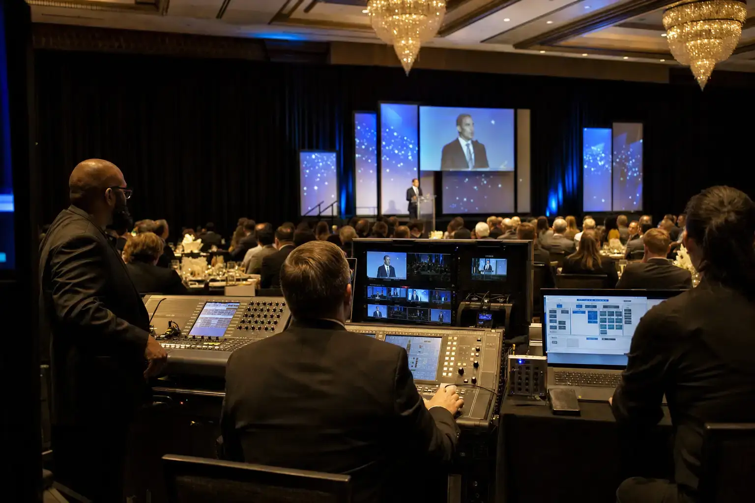 Awards gala stage with screens and production desk