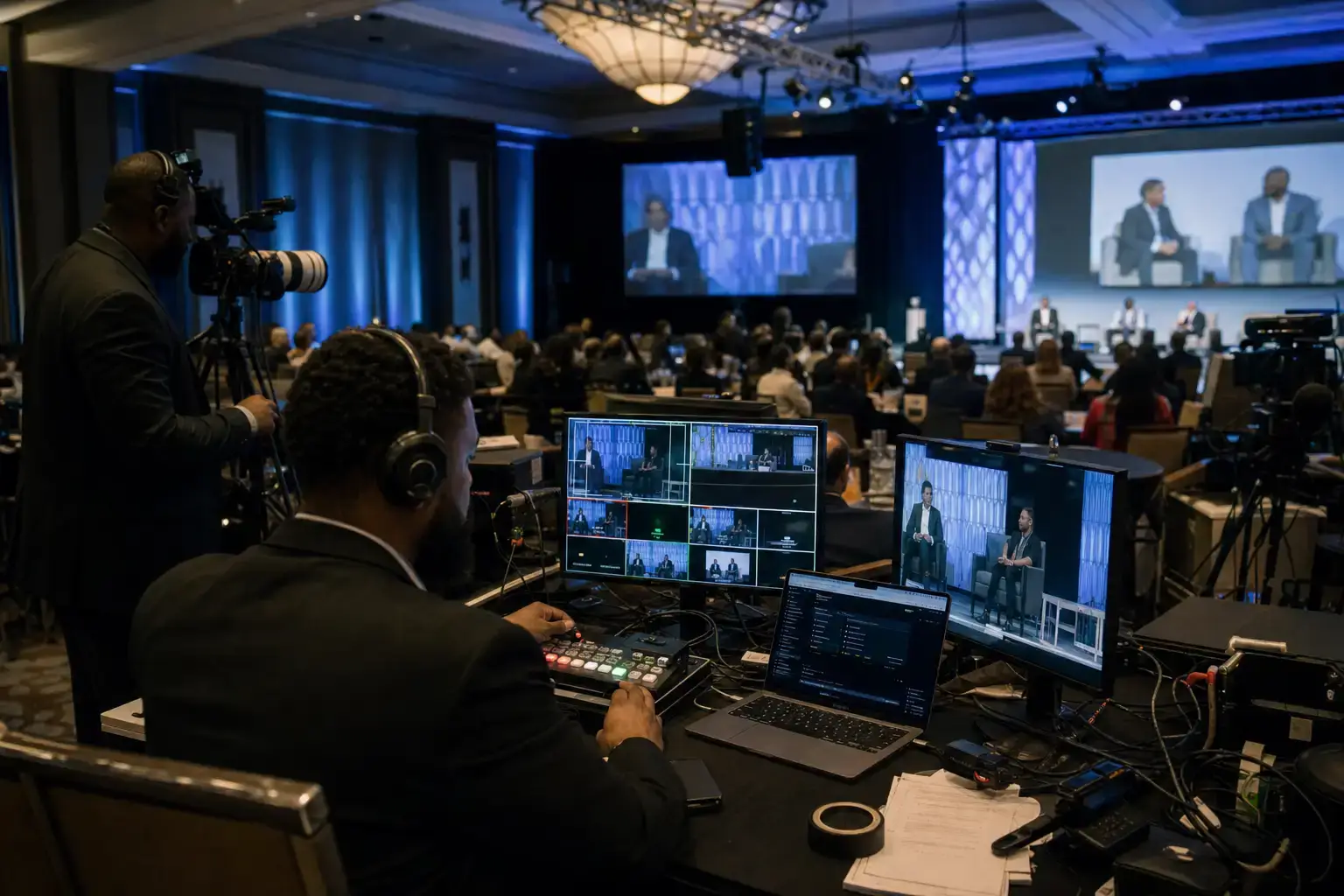 Video engineers running live switching and streaming at an event
