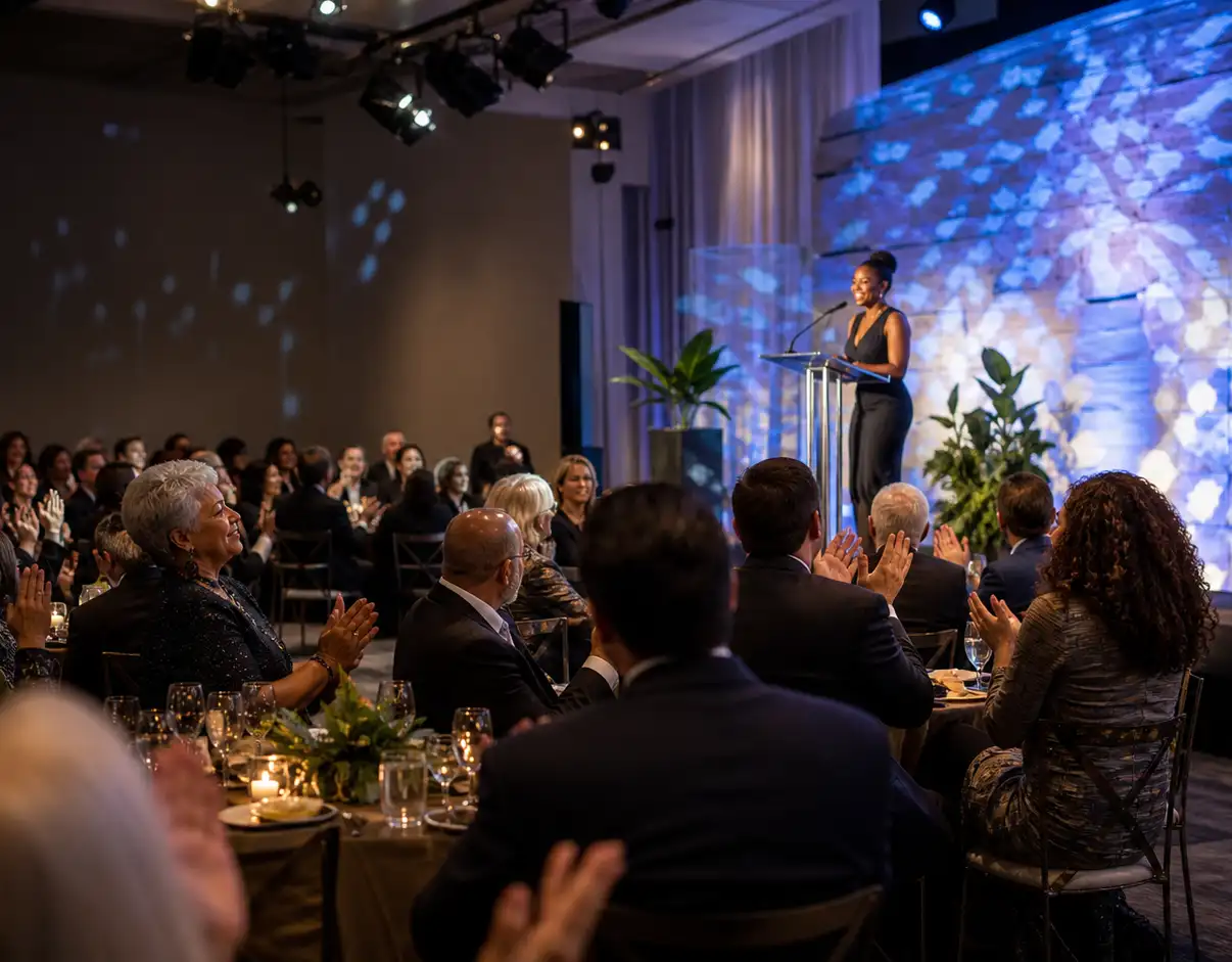 Guests seated at a nonprofit gala with stage lighting