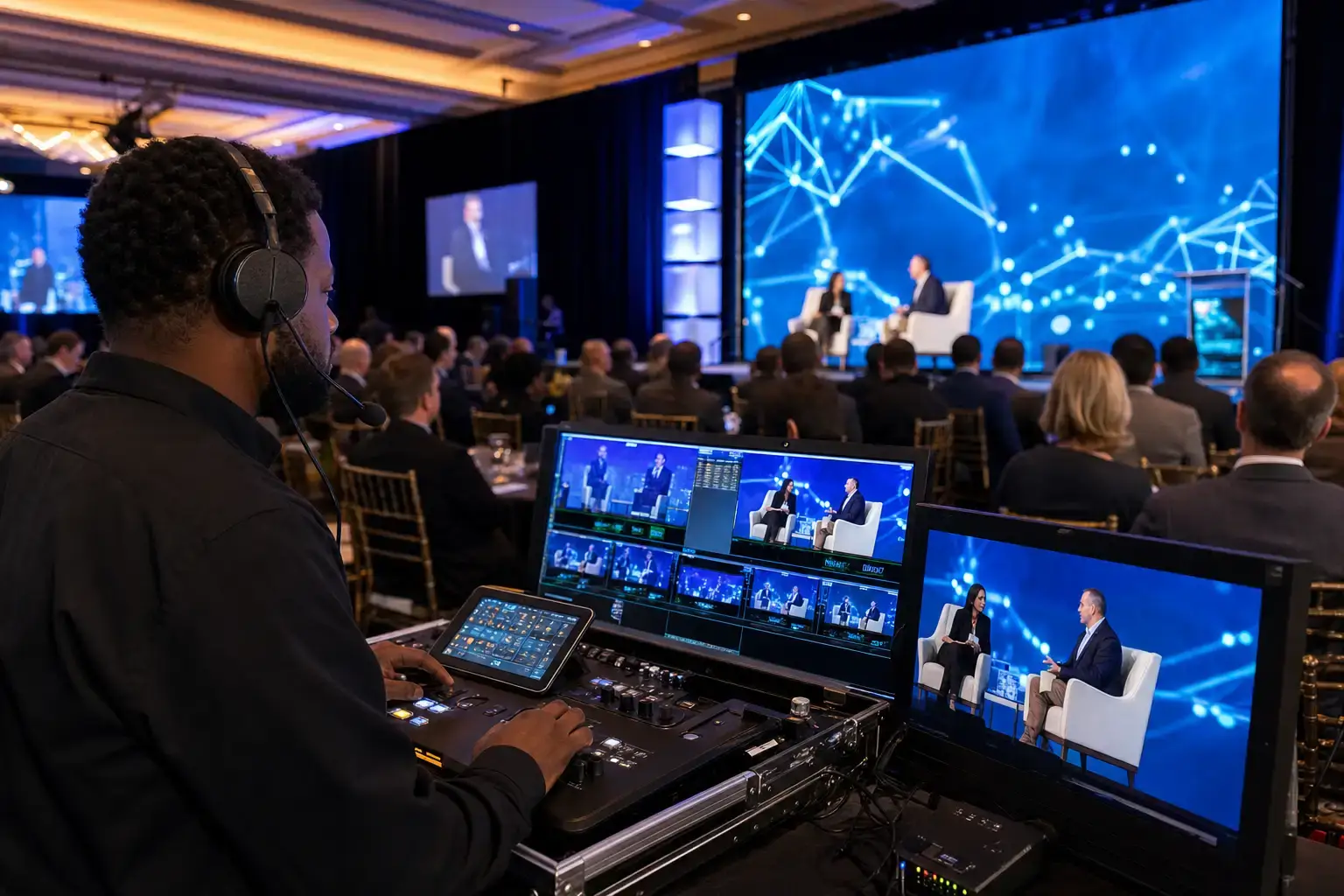 Large LED video wall behind a stage with a live audience