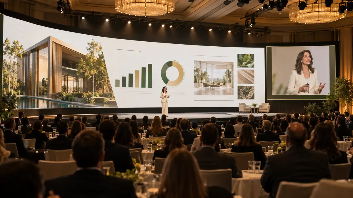 LED wall behind a presenter at a corporate event
