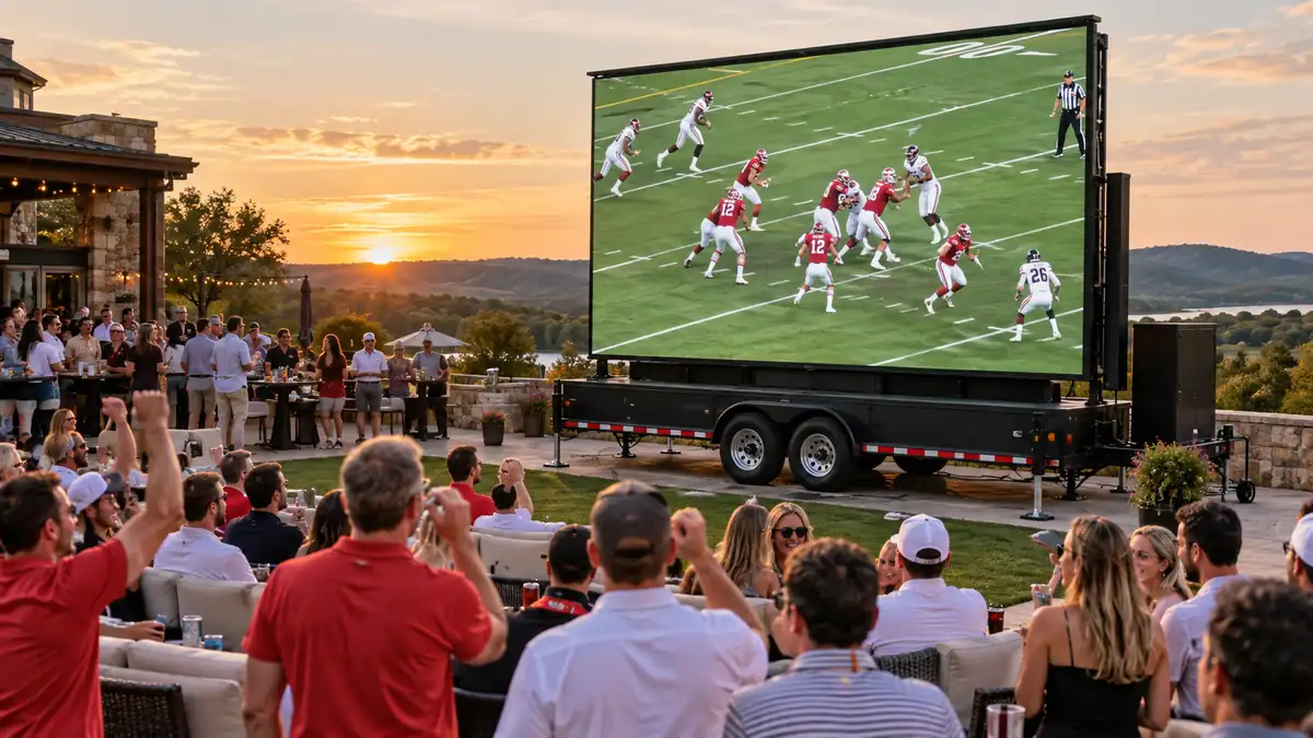 Crowd watching an outdoor screen at dusk
