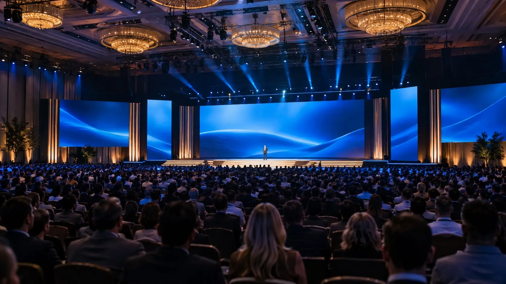 A large corporate conference with an audience and expansive blue LED screens