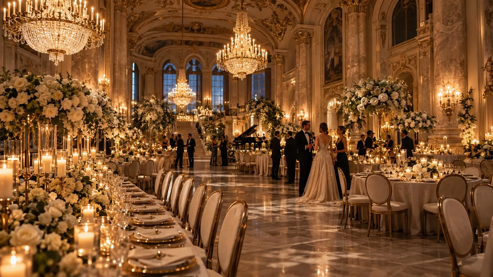 A regal wedding reception with crystal chandeliers, ivory flowers and candlelit tables