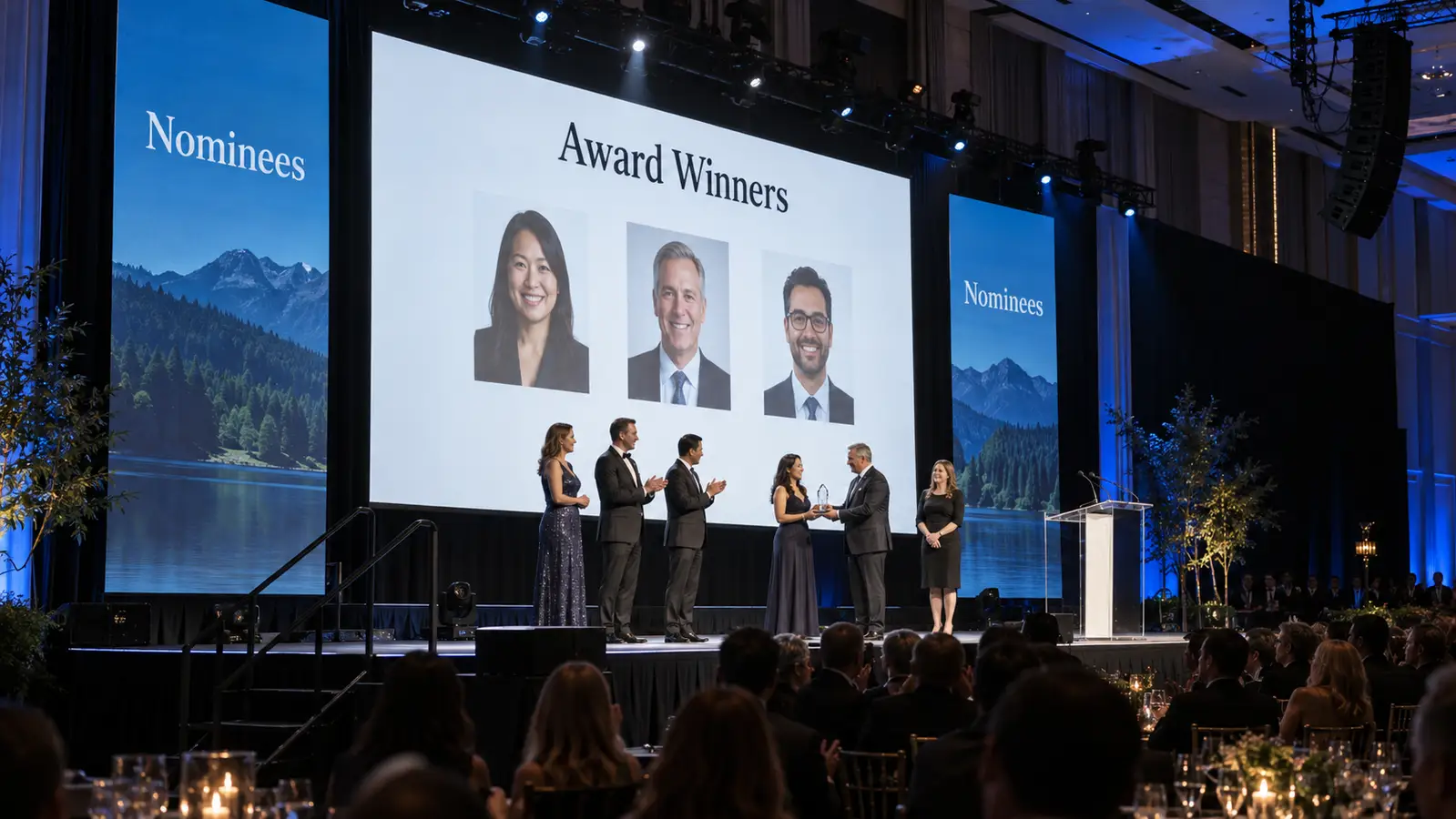 Awards ceremony with projected winner portraits on stage