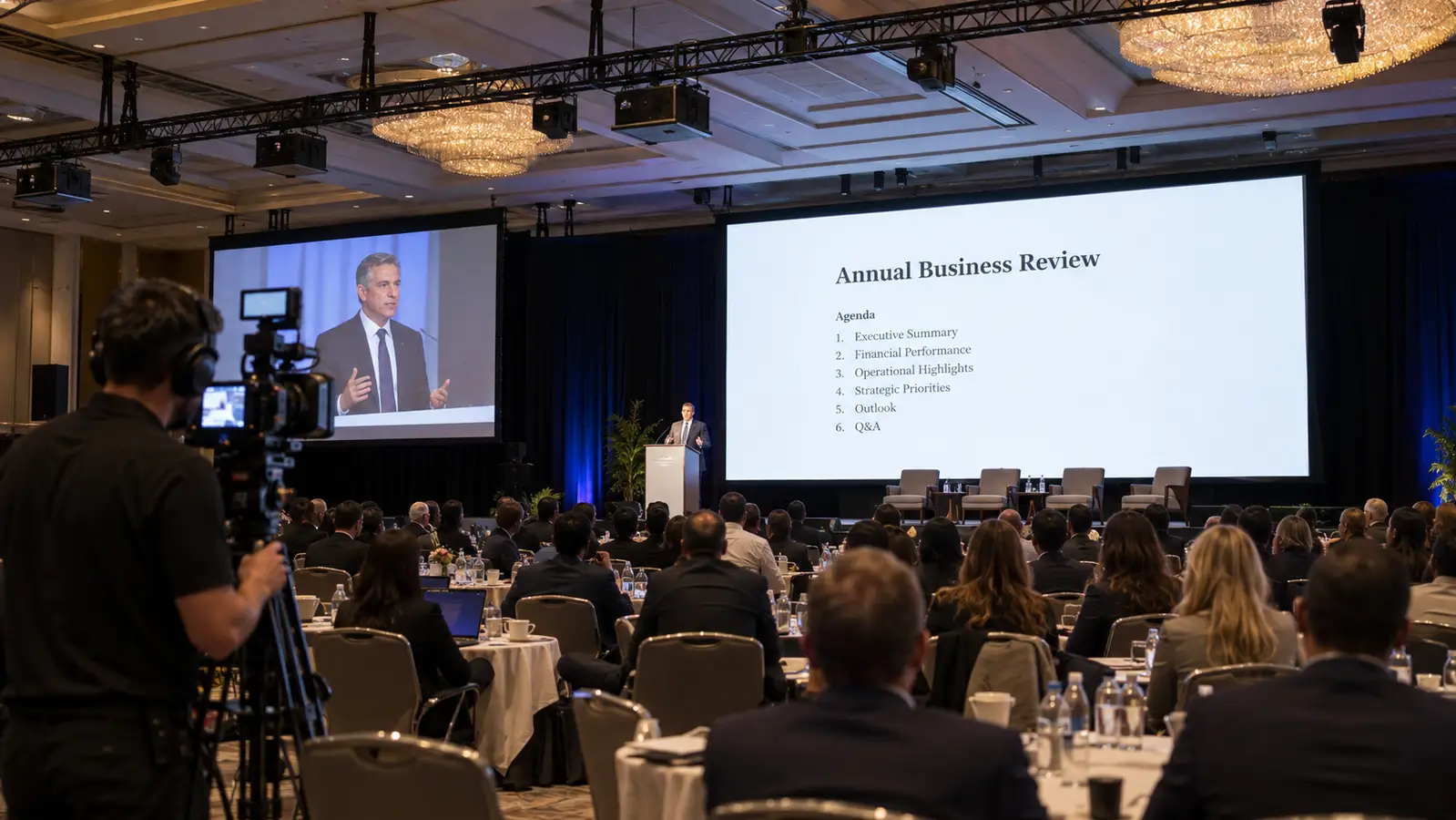 Corporate presenter on live camera screens with a business review presentation on the central projection screen.