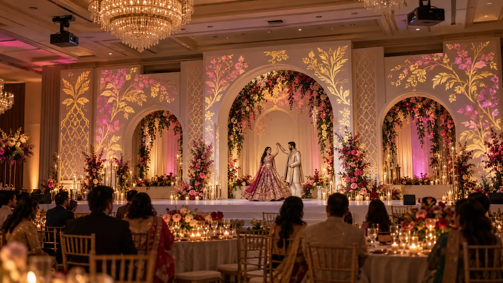 Indian wedding reception visualization with botanical projection mapping across scenic arches.