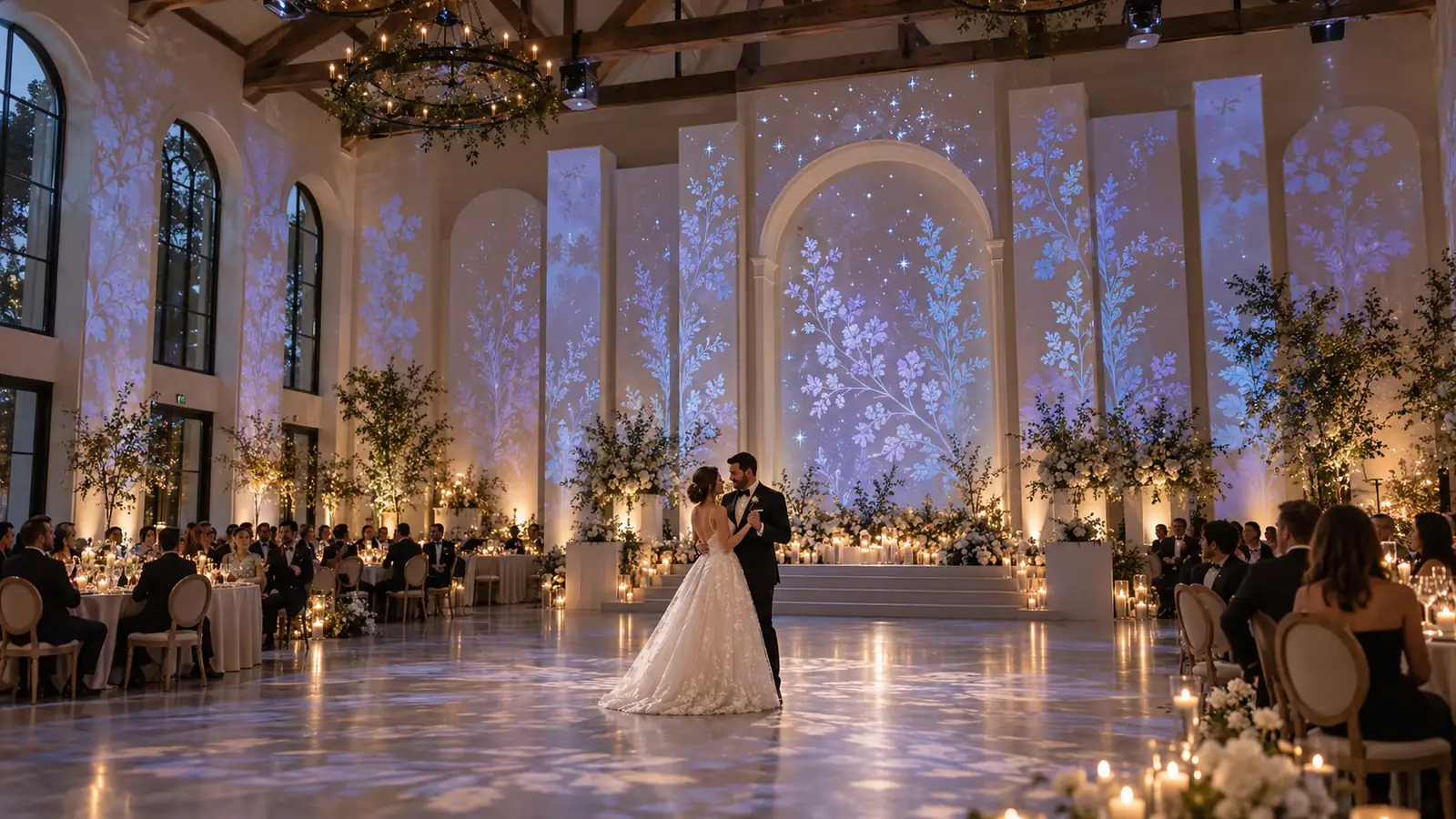 Wedding reception with projected imagery on the walls